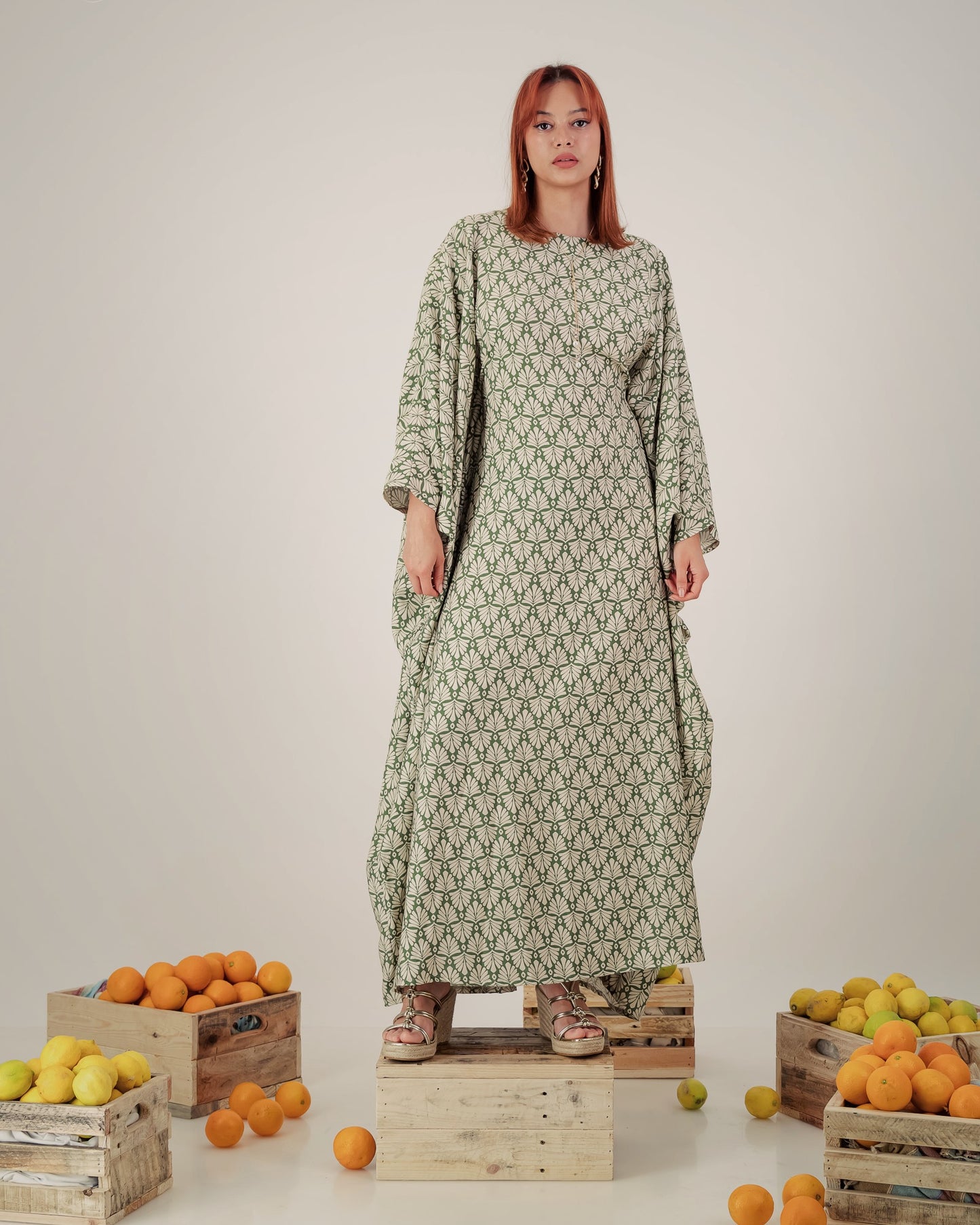 MOONA butterfly abaya dress  - green and stone