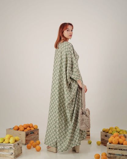 MOONA butterfly abaya dress  - green and stone