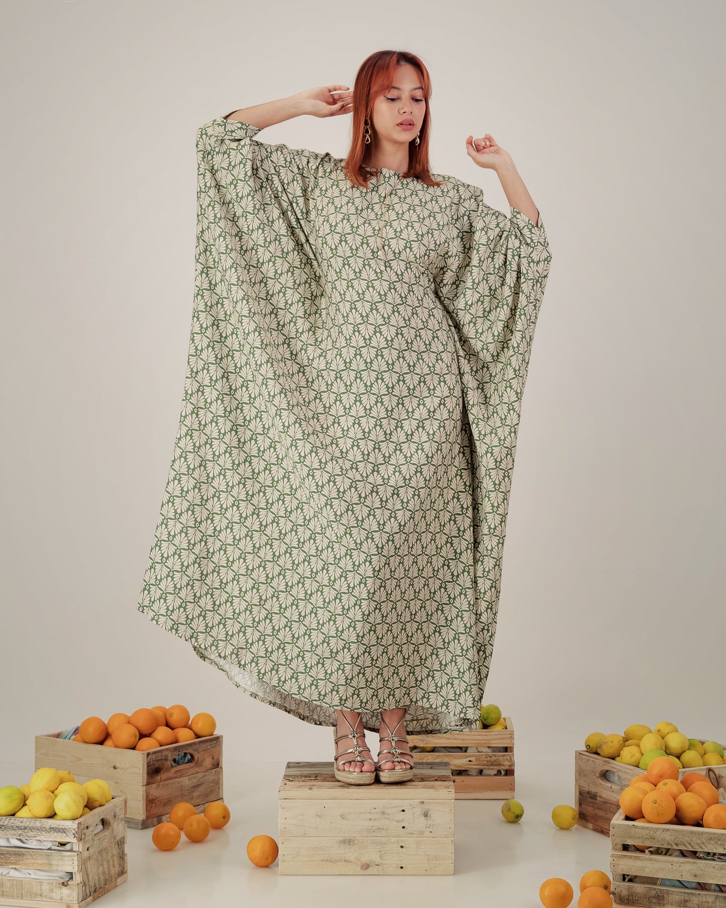 MOONA butterfly abaya dress  - green and stone