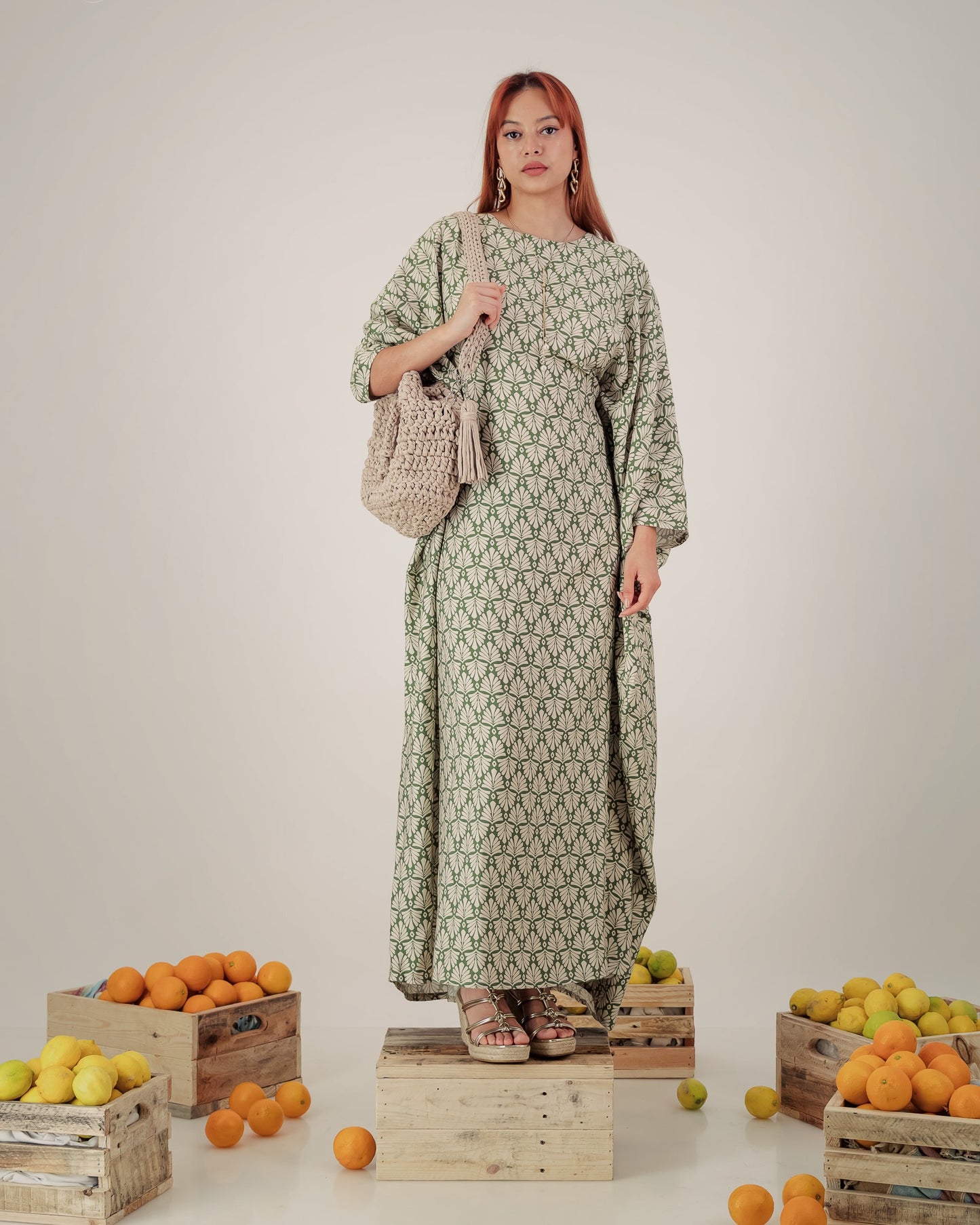 MOONA butterfly abaya dress  - green and stone